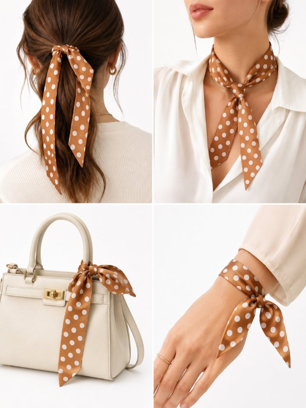 Caramel Polka Dot Satin Skinny Scarf Hair Bag Neck Accessory